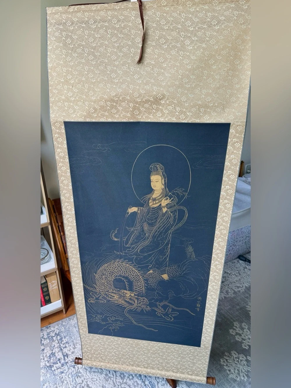 Guanyin Buddha and Dragon - Gold Etching Wall Scroll
